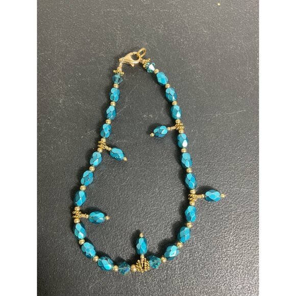 Turquoise Beaded Anklet Bracelet With Gold Accents & Lobster Clasp - Picture 3 of 3